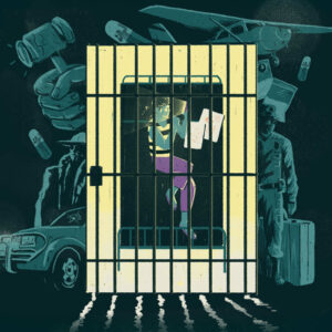 Ilustración de una mujer encarcelada acusada de microtráfico, en vista superior detrás de las rejas, mirando el celular que la alumbra en la oscuridad con añoranza. Alrededor, los elementos que componen la problemática: hombres narcos, avionetas, la mano del juez que representa la injusticia, maletas que representan los viajes que hacen las mulas y bolsitas de drogas.